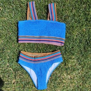 Kamoni Junior's‎ Blue Smocked Woven Colorful Bandeau Bikini Size S